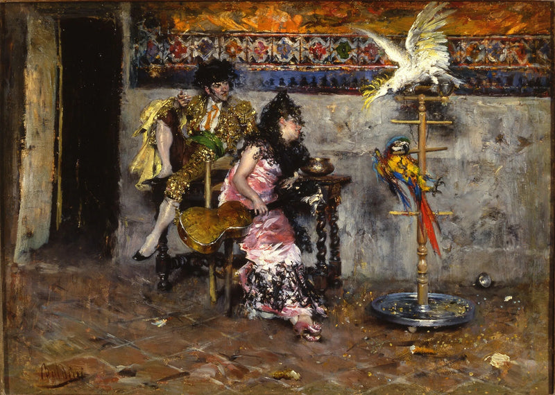 De Matador of Koppel in Spaans kostuum met twee papegaaien - Giovanni Boldini