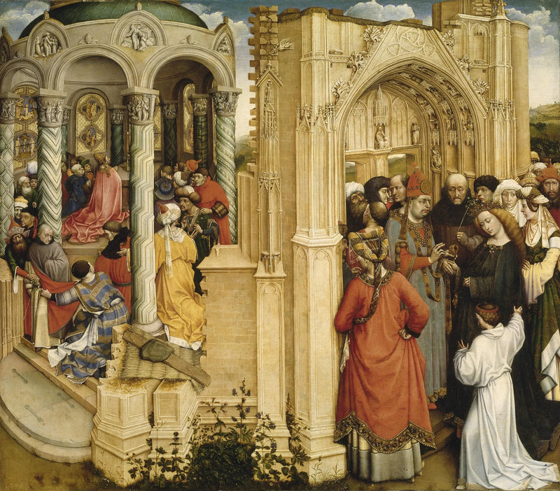 Het wonder van de bloeiende tak (links); het huwelijk van Maria en Jozef (rechts) - Robert Campin