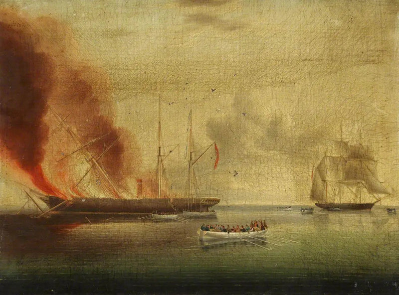 De stoomboot « Glasgow » in brand voor de kust van Nantucket, op 31 juli 1865: passagiers en bemanning gered door de « Rosamund » - James E. Buttersworth