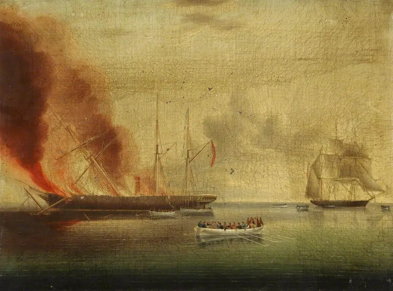 De stoomboot « Glasgow » in brand voor de kust van Nantucket, op 31 juli 1865: passagiers en bemanning gered door de « Rosamund » - James E. Buttersworth