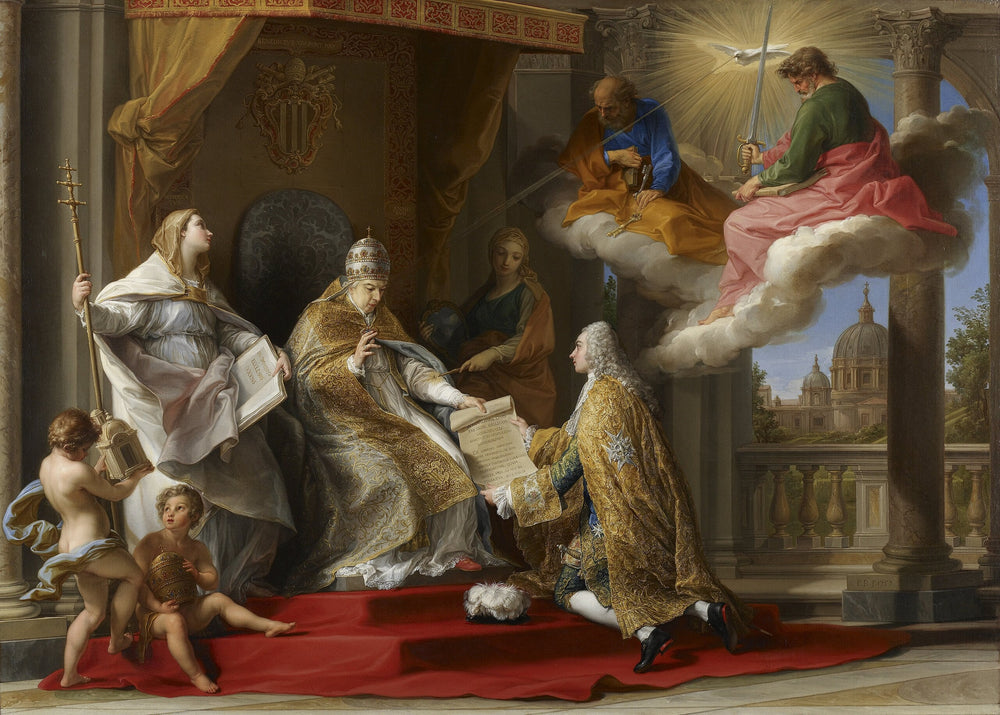 Le pape Benoît XIV présentant l'encyclique « Ex Omnibus » au comte de Stainville, futur duc de Choiseul - Pompeo Batoni image 1 copie peinte à la main à l’huile