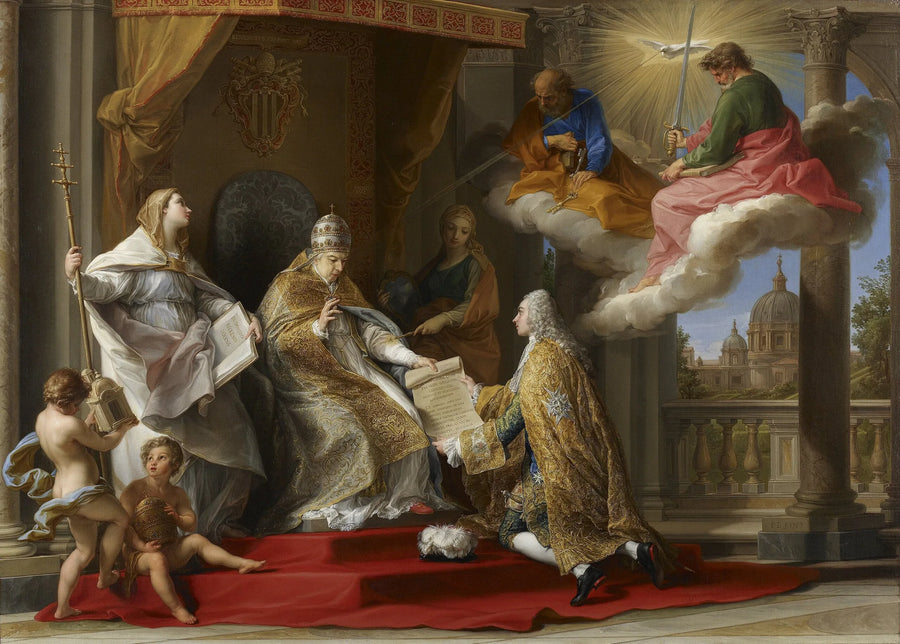 De paus Benoît XIV die de encycliek « Ex Omnibus » voorstelt aan graaf de Stainville, toekomstige hertog van Choiseul - Pompeo Batoni