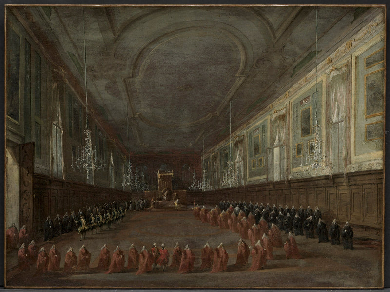 Paus Pius VI die van de troon afdaalt om afscheid te nemen van de doge in de zaal van de Heilige Johannes en Paulus, 1782 - Francesco Guardi