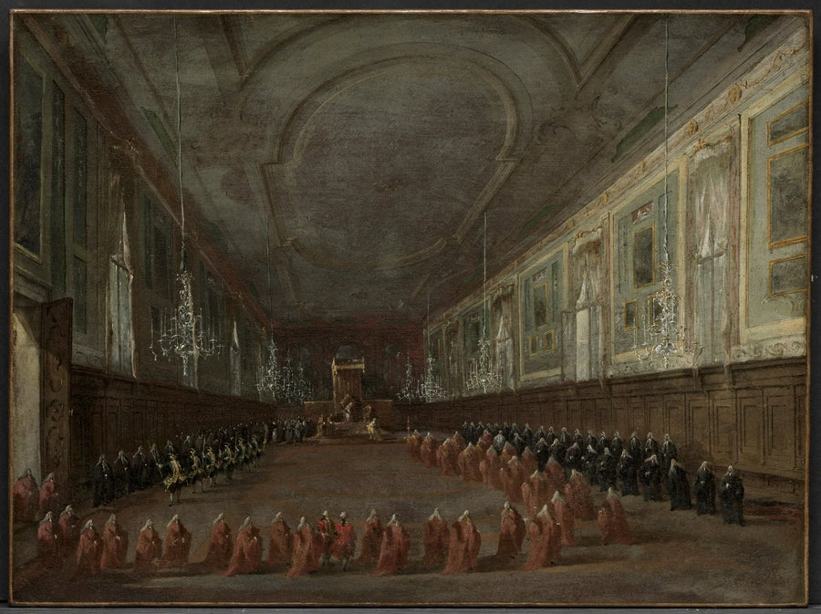 Paus Pius VI die van de troon afdaalt om afscheid te nemen van de doge in de zaal van de Heilige Johannes en Paulus, 1782 - Francesco Guardi