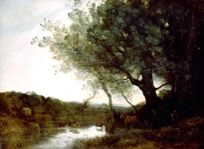 De Passage van de rivier bij schemering - Jean-Baptiste Camille Corot