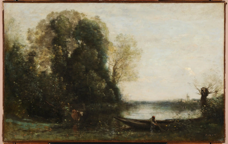 De visser in een roeiboot aan de oever - Jean-Baptiste Camille Corot
