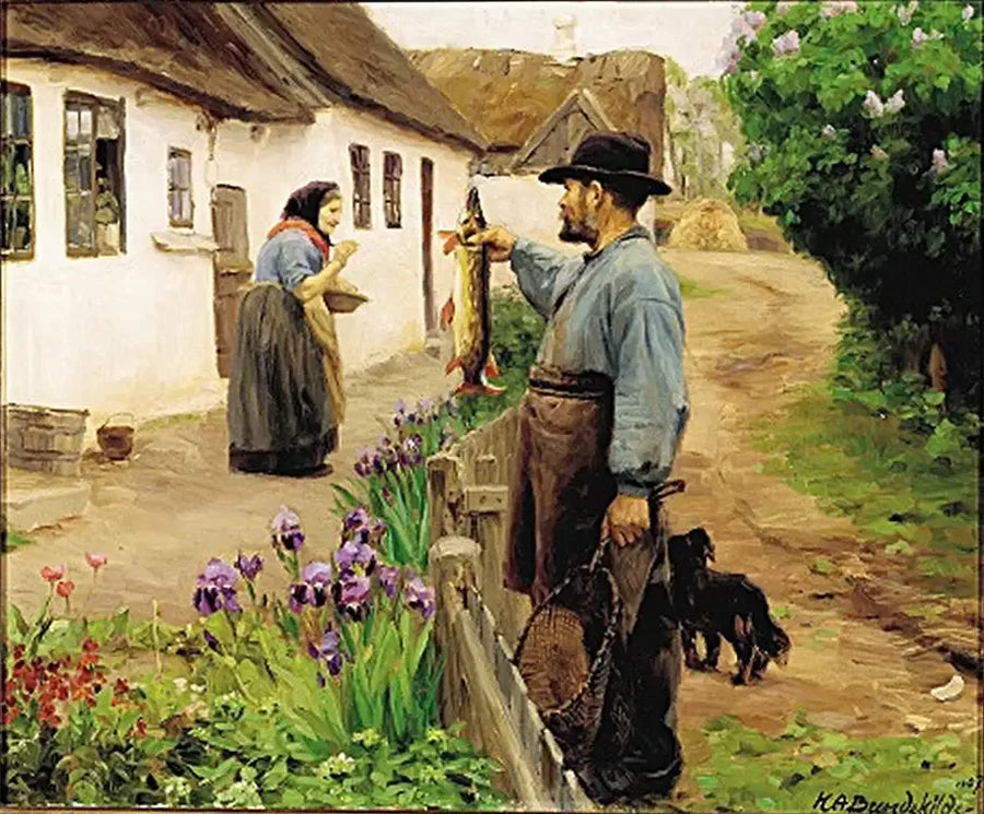 « De Visser ». Een visser biedt een grote verse snoek aan een oude vrouw. - H. A. Brendekilde

Source:
« Le Pêcheur ». Un pêcheur offre un grand brochet frais à une vieille femme. - H. A. Brendekilde