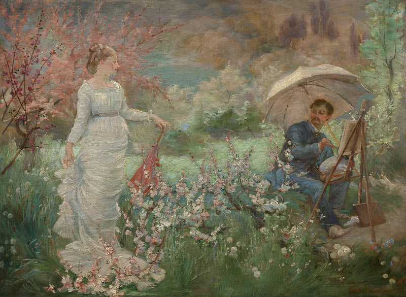De schilder en zijn model in een bloeiende tuin - Marie Bracquemond
