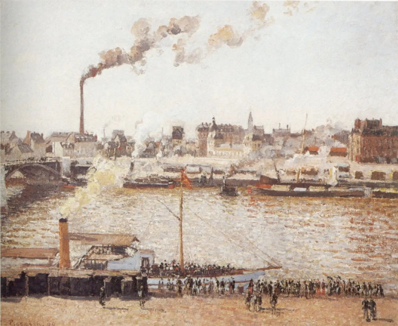 De Boieldieu-brug en het station van Orléans, Rouen, ochtend, zon - Camille Pissarro