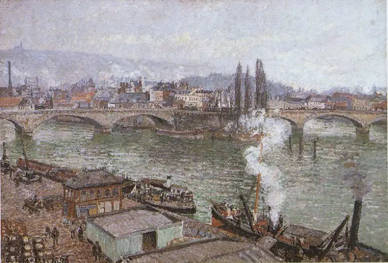 De stenen brug in Rouen, grijze tijd - Camille Pissarro