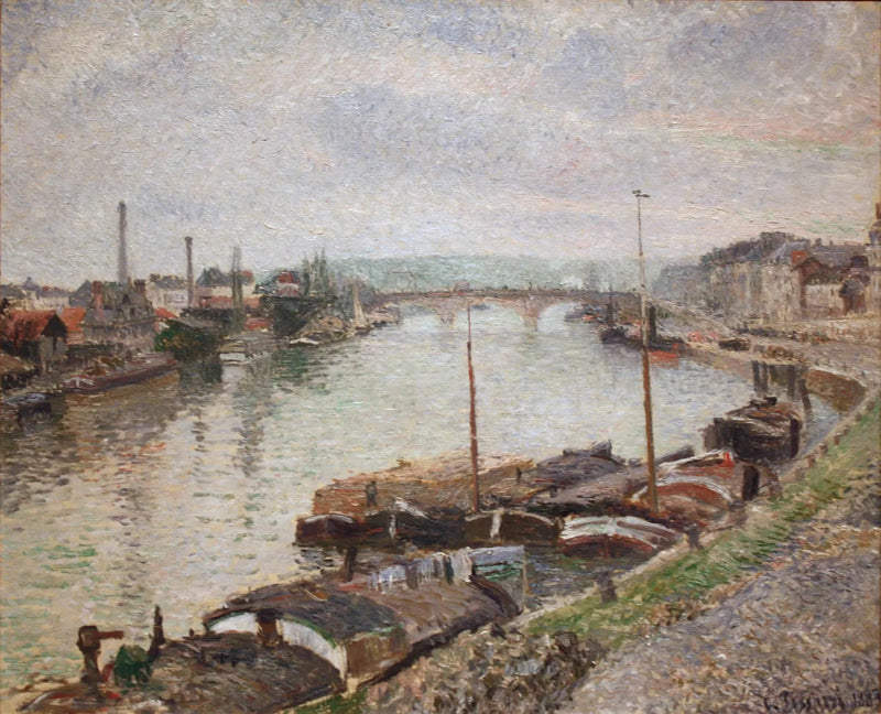 De stenen brug en de binnenschepen in Rouen - Camille Pissarro