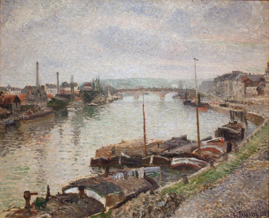 De stenen brug en de binnenschepen in Rouen - Camille Pissarro