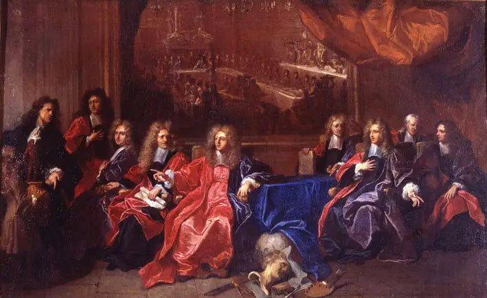 De baljuw en de schepenen van de stad Parijs beraadslagen over een feest ter ere van het diner van Lodewijk XIV in het stadhuis na zijn genezing in 1689 - Hyacinthe Rigaud