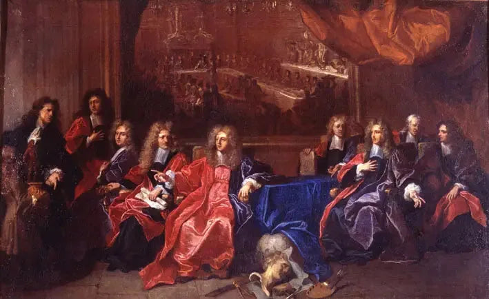 De baljuw en de schepenen van de stad Parijs beraadslagen over een feest ter ere van het diner van Lodewijk XIV in het stadhuis na zijn genezing in 1689 - Hyacinthe Rigaud