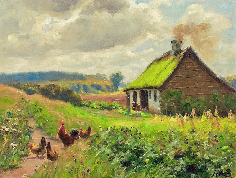 De lente met een huis, een vrouw en kippen. - H. A. Brendekilde

Source:
Le printemps avec une maison, une femme et des poulets. - H. A. Brendekilde