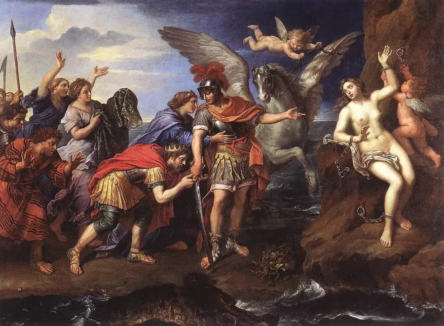 De koning Cepheus en de koningin Cassiopeia die Perseus bedanken voor het bevrijden van hun dochter Andromeda - Pierre Mignard