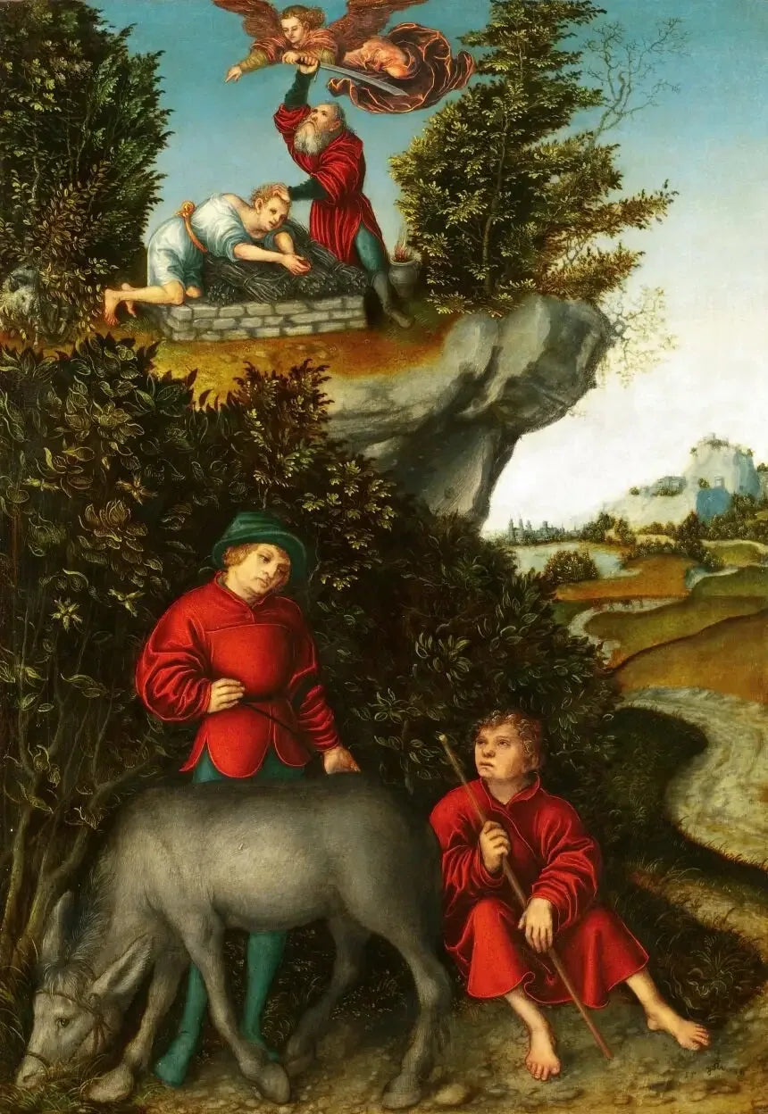 Het offer van Abraham: Een engel verhindert Abraham om Isaak te offeren; de dienaren wachten aan de voet van de berg (Genesis 22:10-12) - Lucas Cranach de Oudere