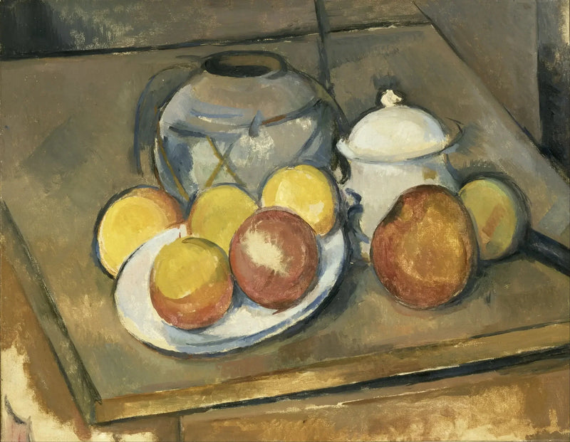 De rieten vaas, suikerpot en appels - Paul Cézanne
