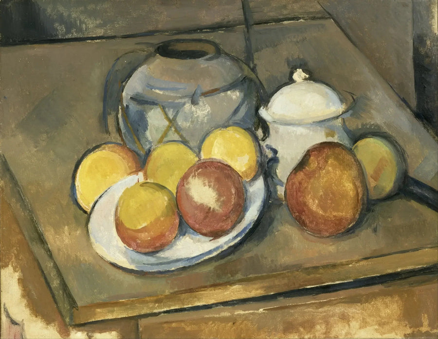 De rieten vaas, suikerpot en appels - Paul Cézanne