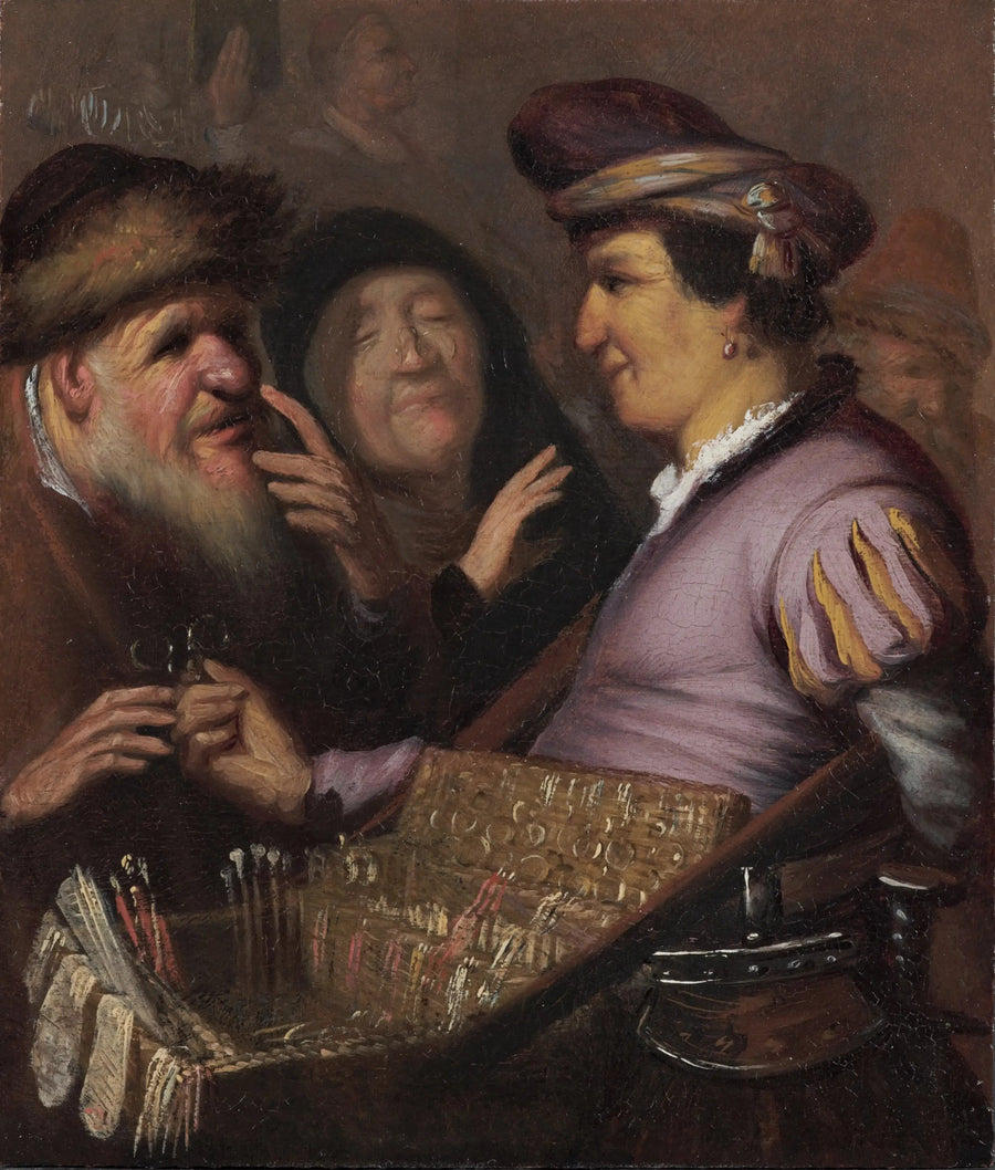 De brillenverkoper (Een handelaar die brillen verkoopt, Uitzicht) - Rembrandt