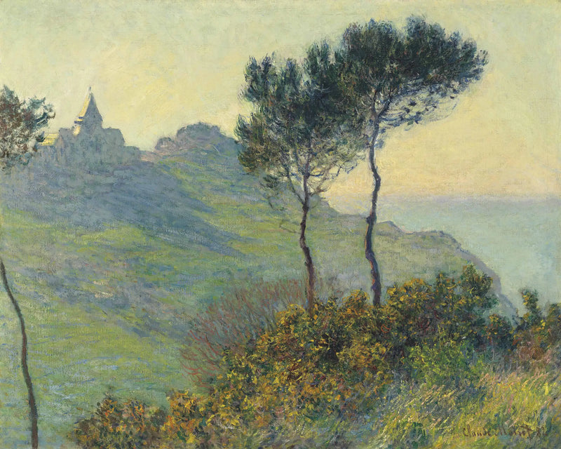 De kerk van Varengeville, ondergaande zon - Claude Monet