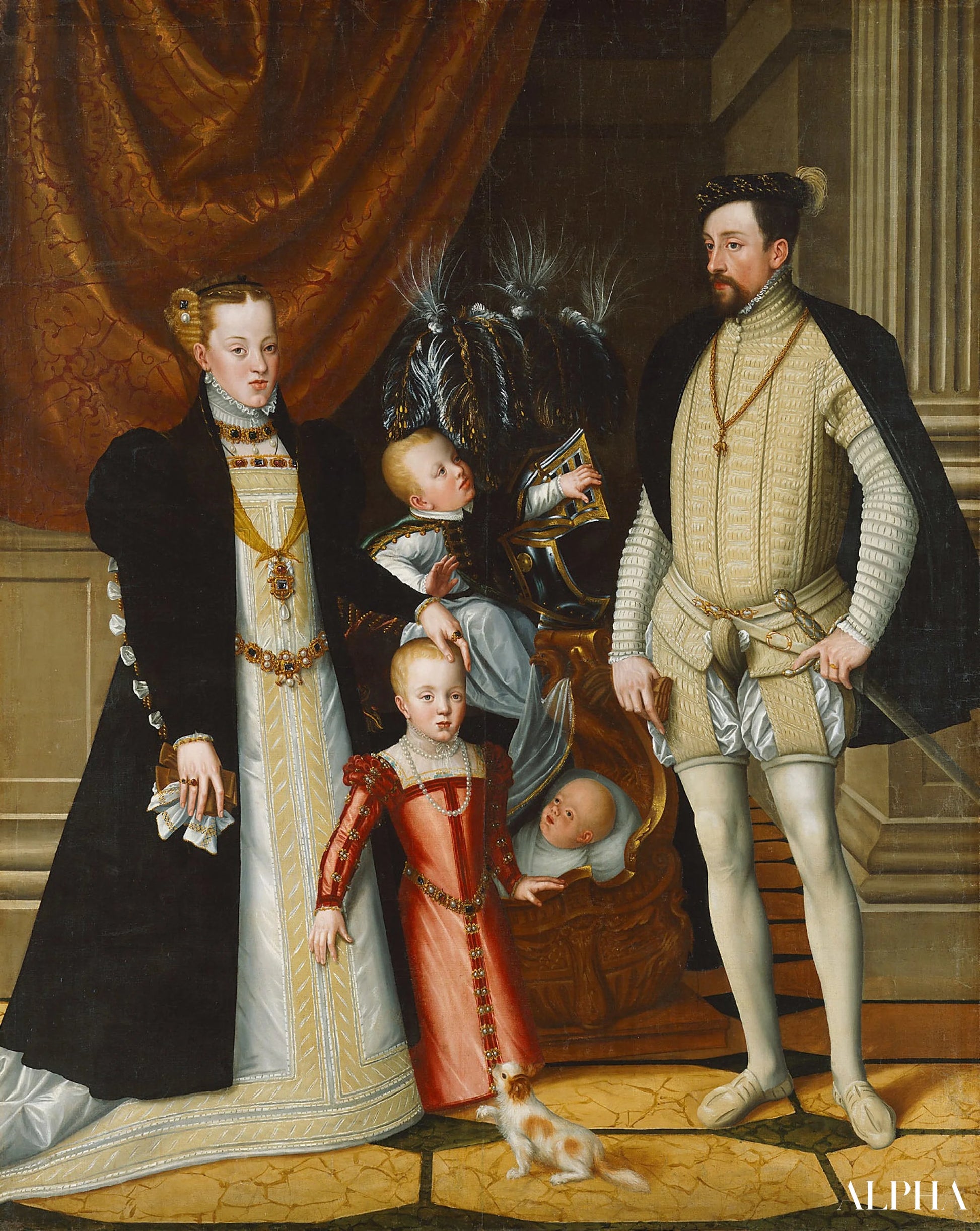 De Romeinse keizer Maximiliaan II van Oostenrijk en zijn echtgenote, de infante Maria van Spanje, met hun kinderen - Arcimboldo - Reproducties van schilderijen en hoogwaardige schilderkunst