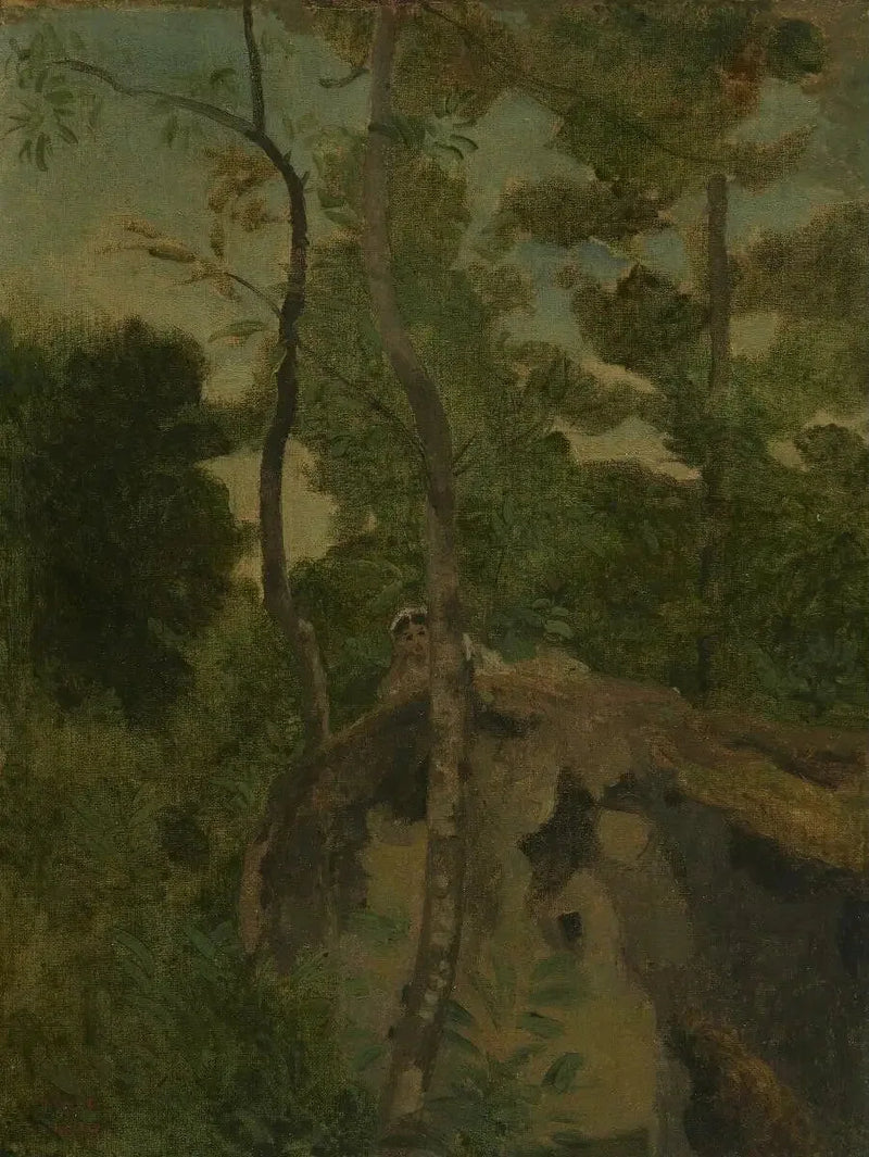 Les Alinges. Jonge vrouw liggend op een rots onder de bomen - Jean-Baptiste Camille Corot