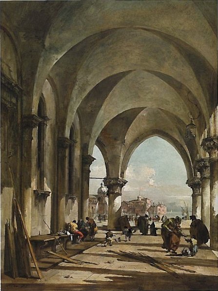 De bogen van het Dodge-paleis, Venetië, richting de basiliek San Giorgio Maggiore - Francesco Guardi