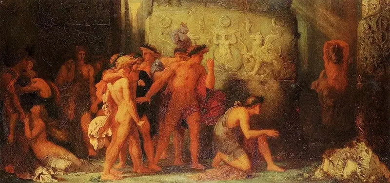 De Athenezen overgeleverd aan de Minotaurus in het labyrint van Kreta - Gustave Moreau
