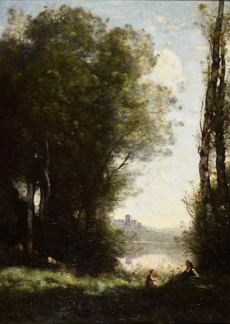 De twee zussen onder de bomen aan de rand van het meer - Jean-Baptiste Camille Corot