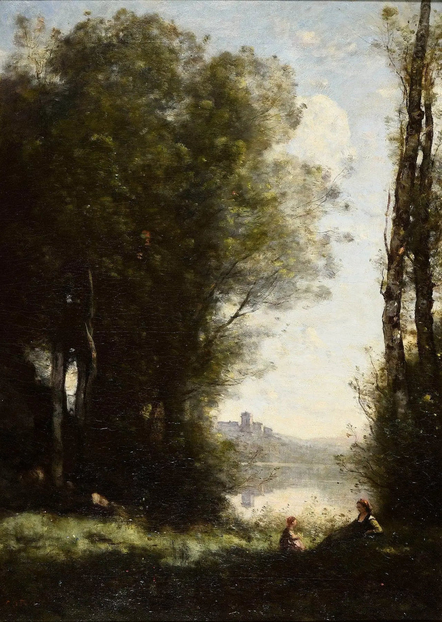 De twee zussen onder de bomen aan de rand van het meer - Jean-Baptiste Camille Corot