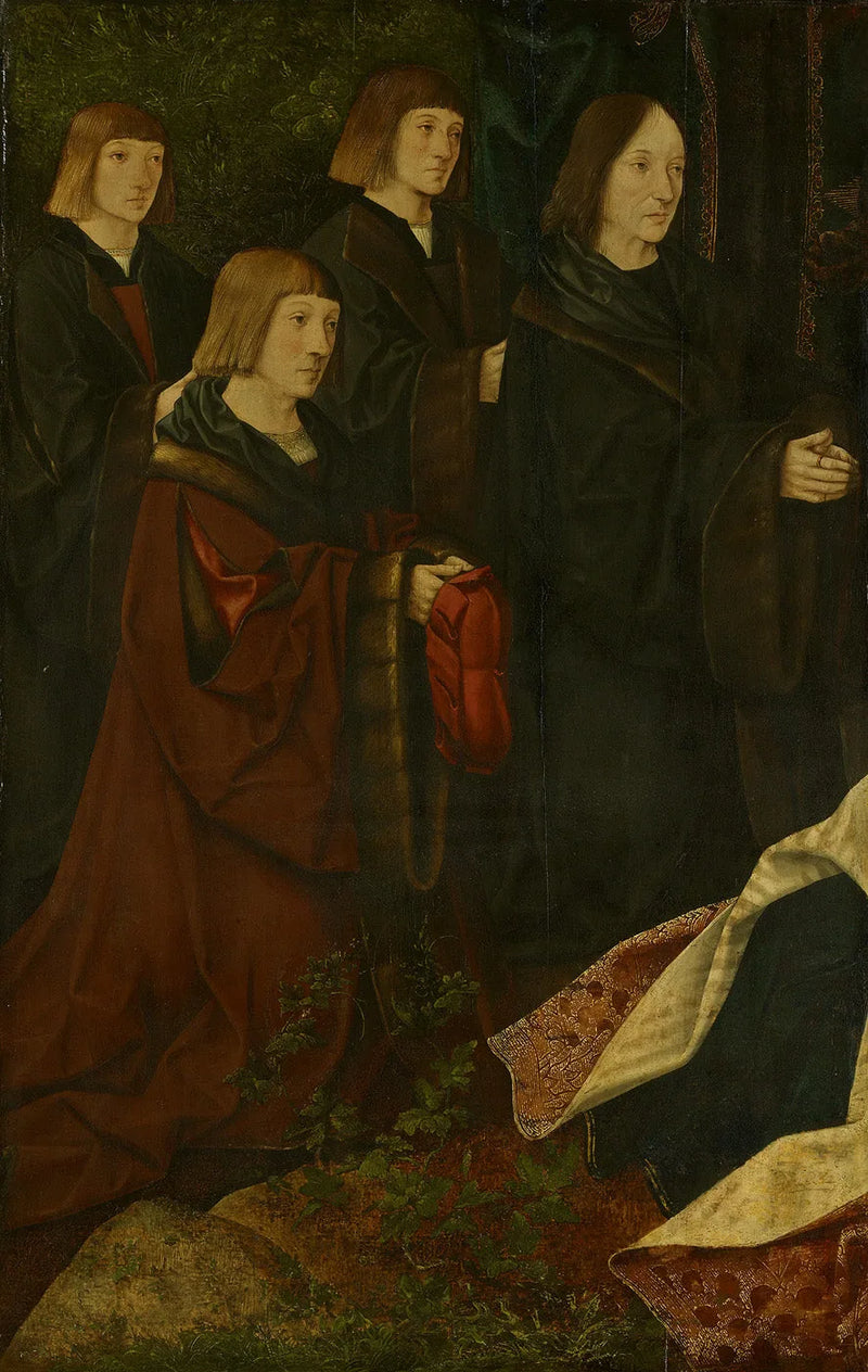 De donateurs Korsgen Elbertzen en zijn zonen Dirck en Albert bevinden zich links, met de giftengevers rechts. - Jacob Cornelisz van Oostsanen