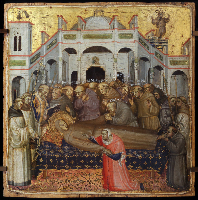 De begrafenis van Sint Franciscus: controle van de stigmas in aanwezigheid van de eerste franciscaanse broeders, Sylvestre, Angélus, Léon, Philippe, Pierre, Bernard, Sabatinus, Barbaro, Gilles, Masseus, Maurice. - Bicci di Lorenzo