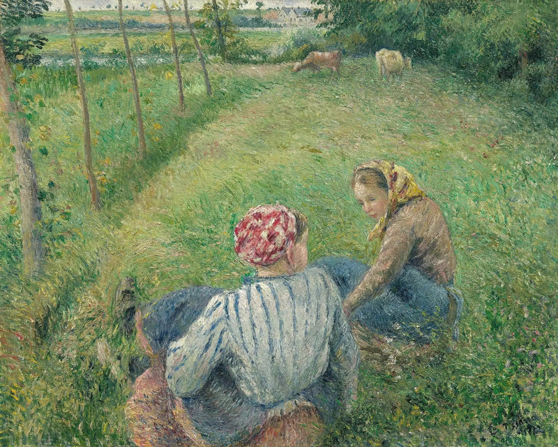 De jonge boerenmeisjes die uitrusten in de velden nabij Pontoise - Camille Pissarro