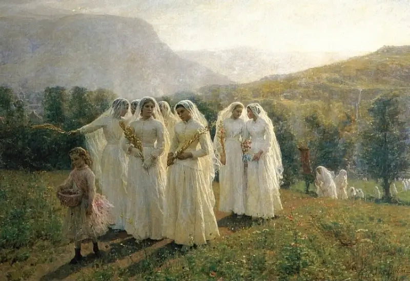 De jonge meisjes gaan naar de processie - Jules Breton