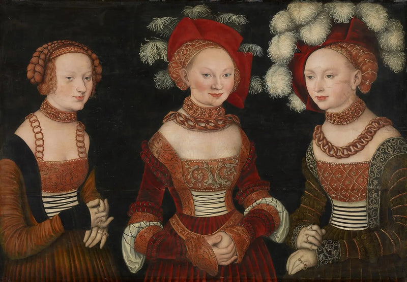 De prinsessen Sibylle (1515-1592), Émilie (1516-1591) en Sidonie (1518-1575) van Saksen - Lucas Cranach de Ouderling
