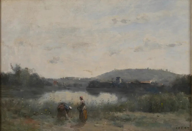 De oevers van een rivier, op de achtergrond gedomineerd door heuvels - Jean-Baptiste Camille Corot
