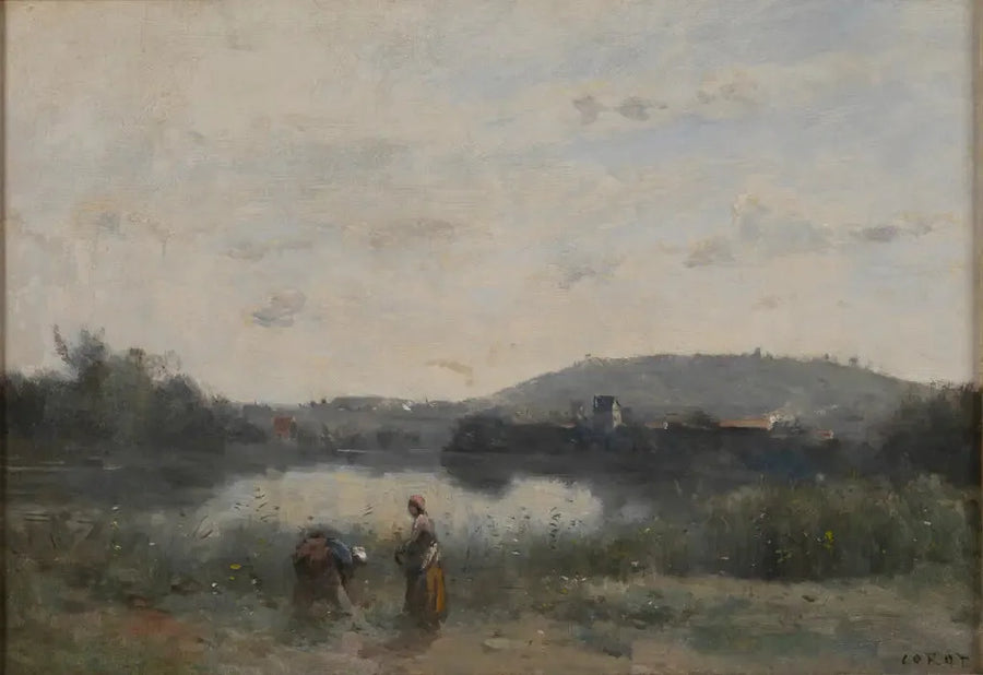 De oevers van een rivier, op de achtergrond gedomineerd door heuvels - Jean-Baptiste Camille Corot