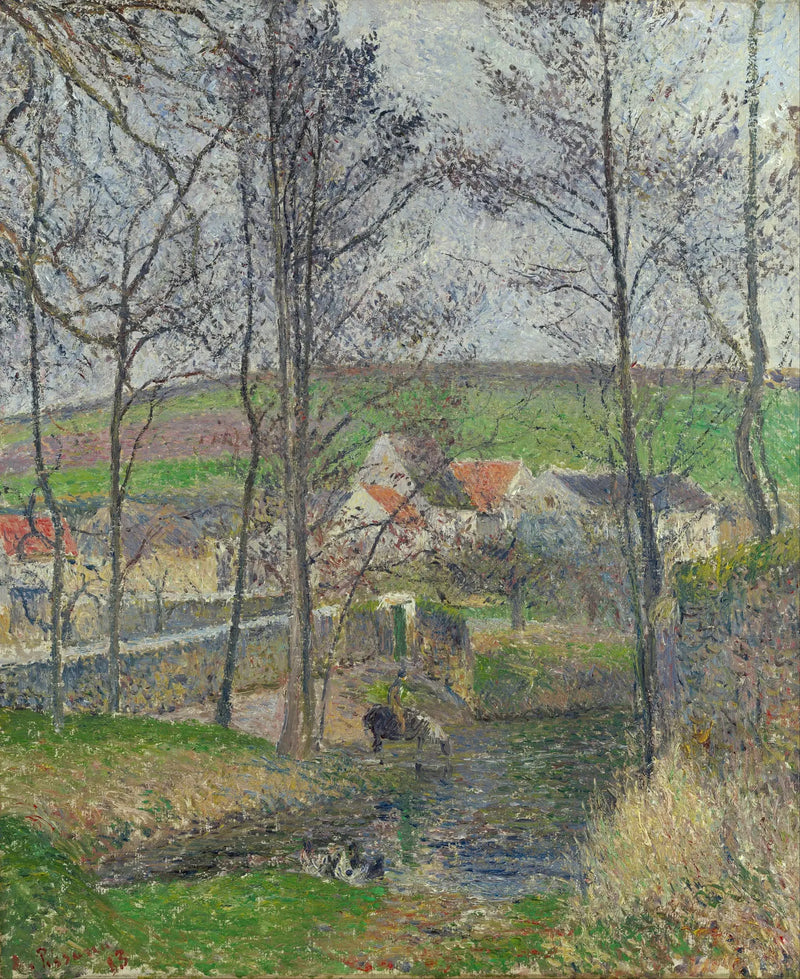 De oevers van de Viosne bij Osny in grijs weer, winter - Camille Pissarro