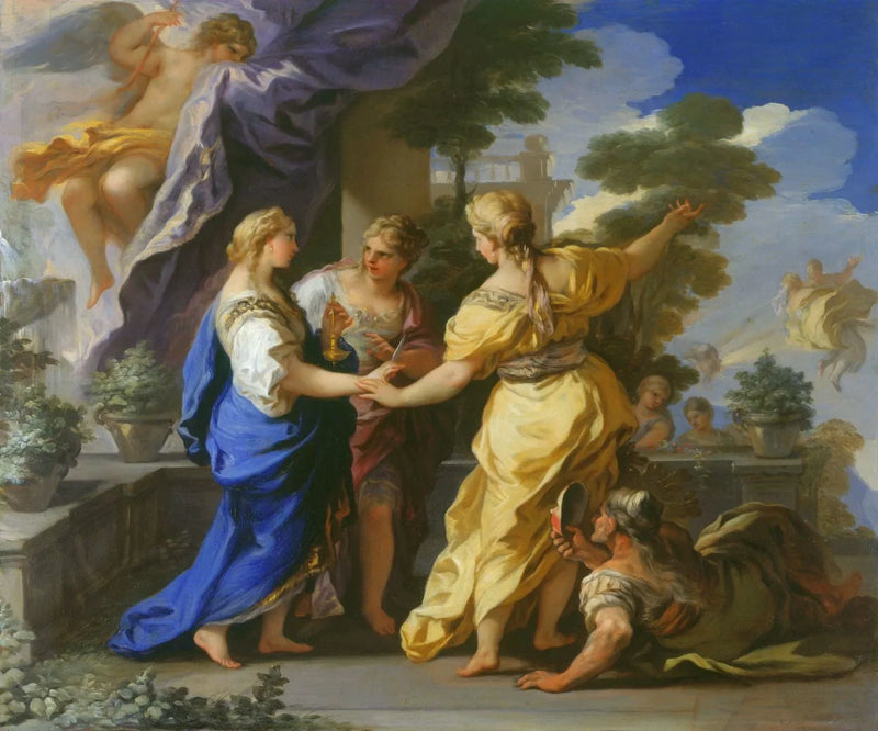 De zussen van Psyche geven haar een lamp en een dolk. - Luca Giordano