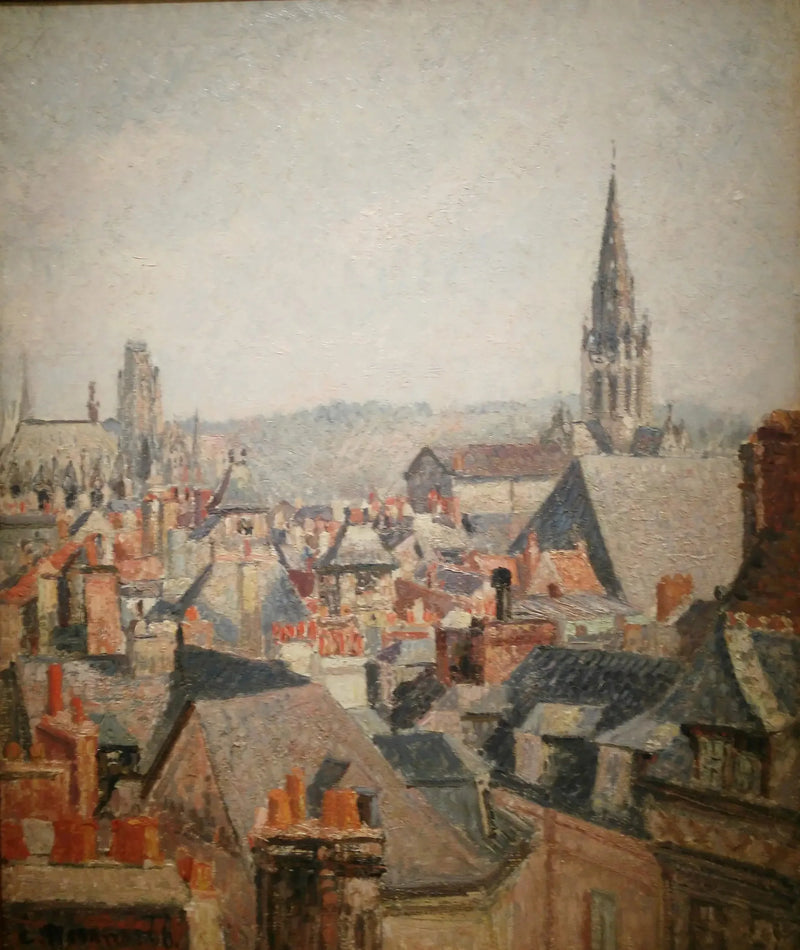 De daken van het oude Rouen, zon - Camille Pissarro