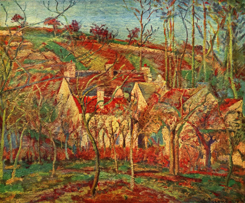 De rode daken, dorpshoek, wintereffect - Camille Pissarro