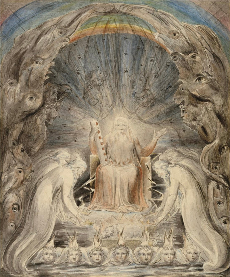 De vierentwintig ouderlingen die hun kronen neerleggen voor de goddelijke troon - William Blake