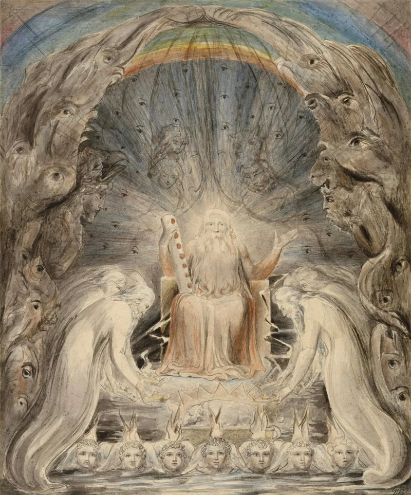 De vierentwintig ouderlingen die hun kronen neerleggen voor de goddelijke troon - William Blake