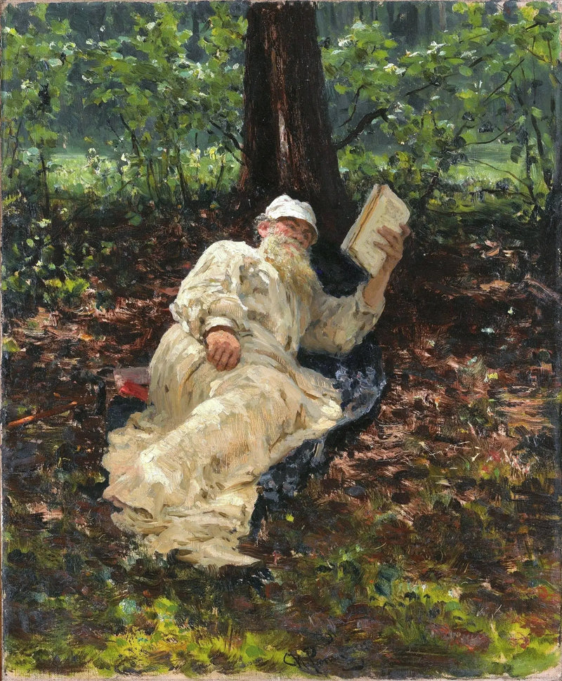 Lev Nikolaïevitch Tolstoj rust in het bos. - Ilya Repin