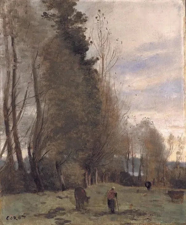 Rustplaats van de ranch, boer en drie koeien - Jean-Baptiste Camille Corot