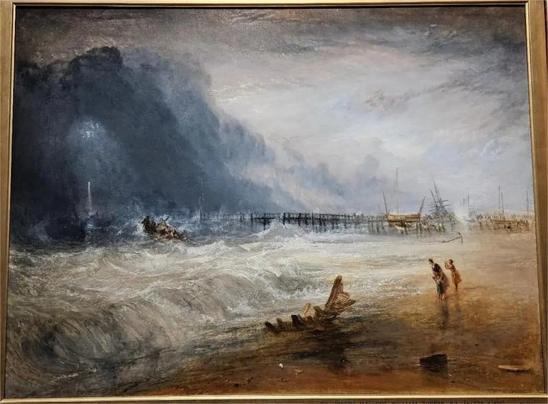 Reddingboot en Manby-apparaat dat naar een gestrande schip gaat en het signaal (blauwe lichten) van nood maakt - J. M. W. Turner