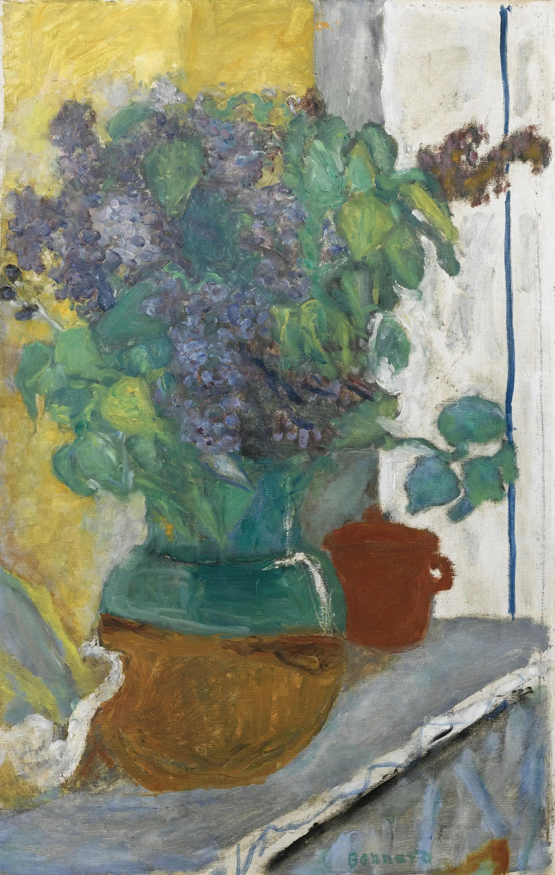 Lila mauve in een gele en groene aardewerken vaas - Pierre Bonnard