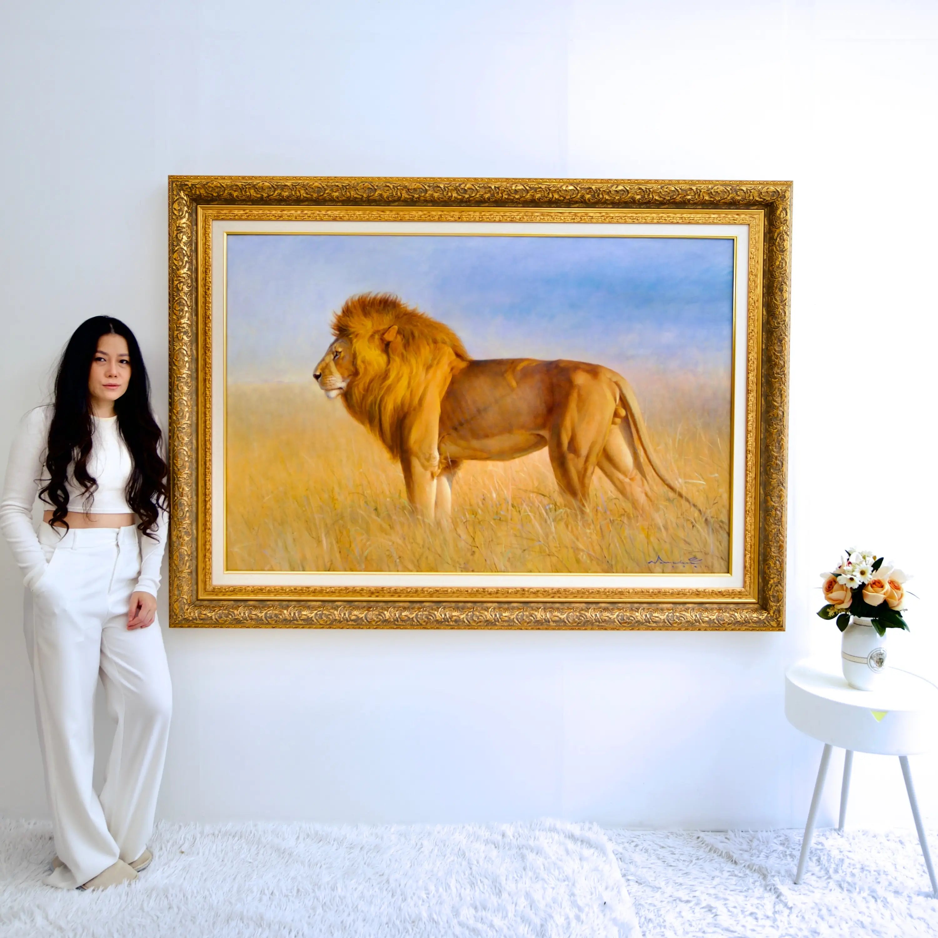 Lion dans la savane | 150 x 100 cm Reproductions de tableaux à la peinture à l’huile