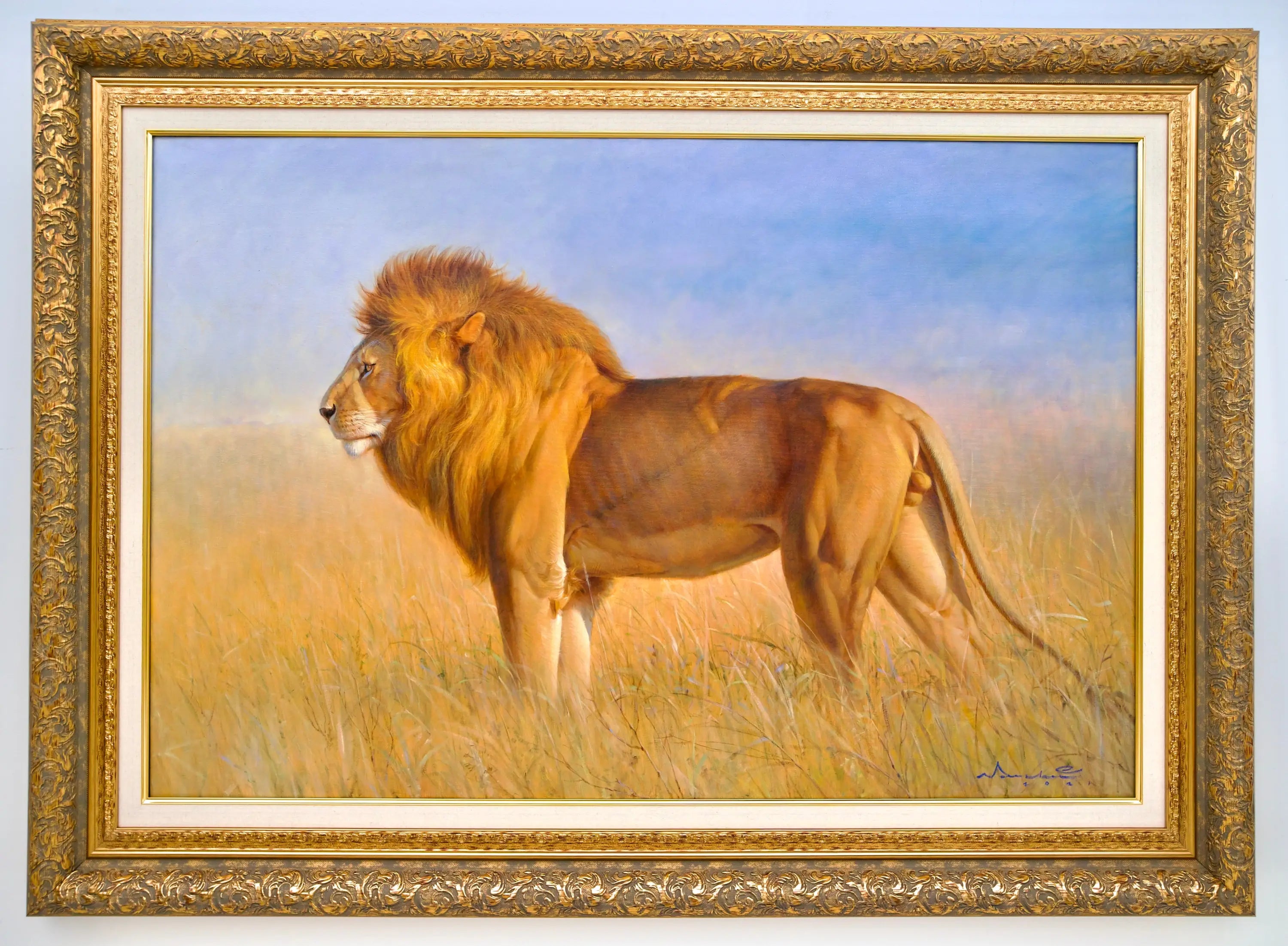Lion dans la savane | 150 x 100 cm Reproductions de tableaux à la peinture à l’huile